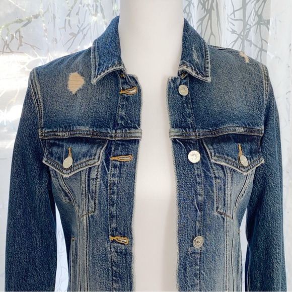 ALL SAINTS BLUE DISTRESSED HAY DENIM BUTTON UP COLLARED JEAN JACKET - Picture 3 of 10
